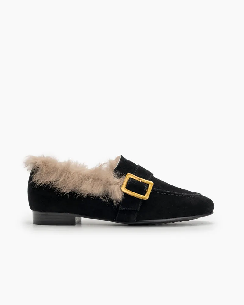 Metal Buckle Comfortable Fur Loafers