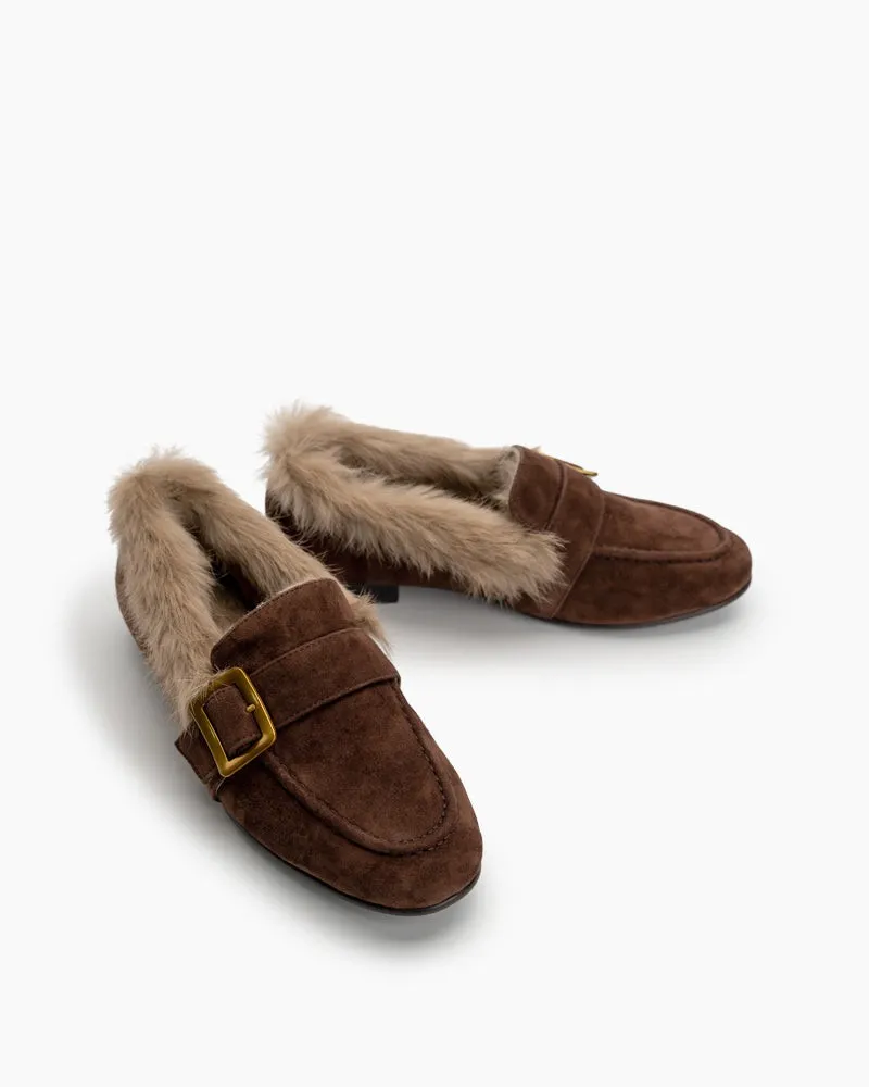 Metal Buckle Comfortable Fur Loafers