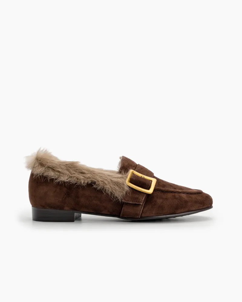 Metal Buckle Comfortable Fur Loafers