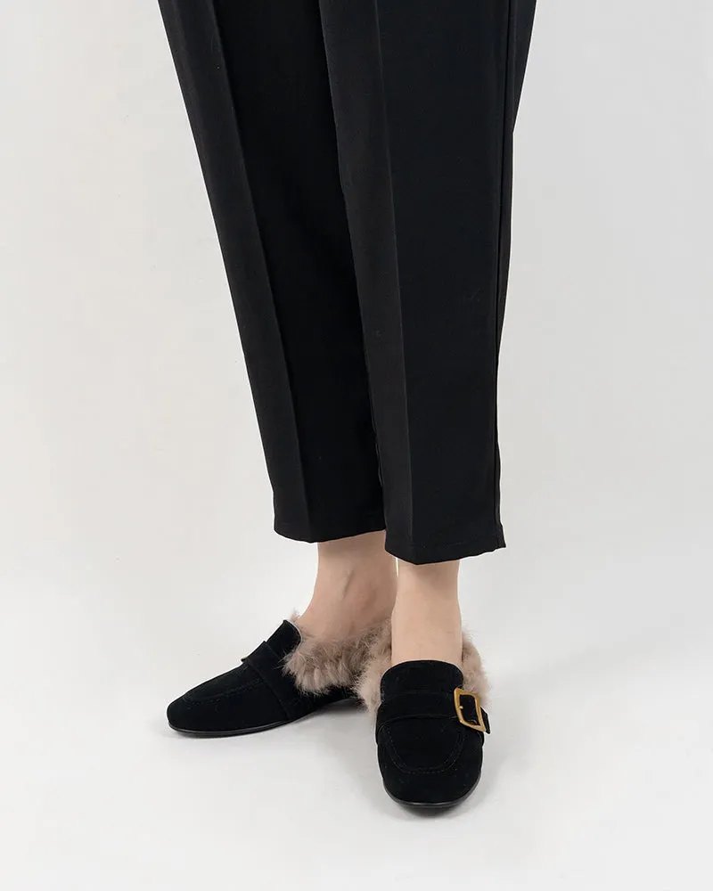 Metal Buckle Comfortable Fur Loafers