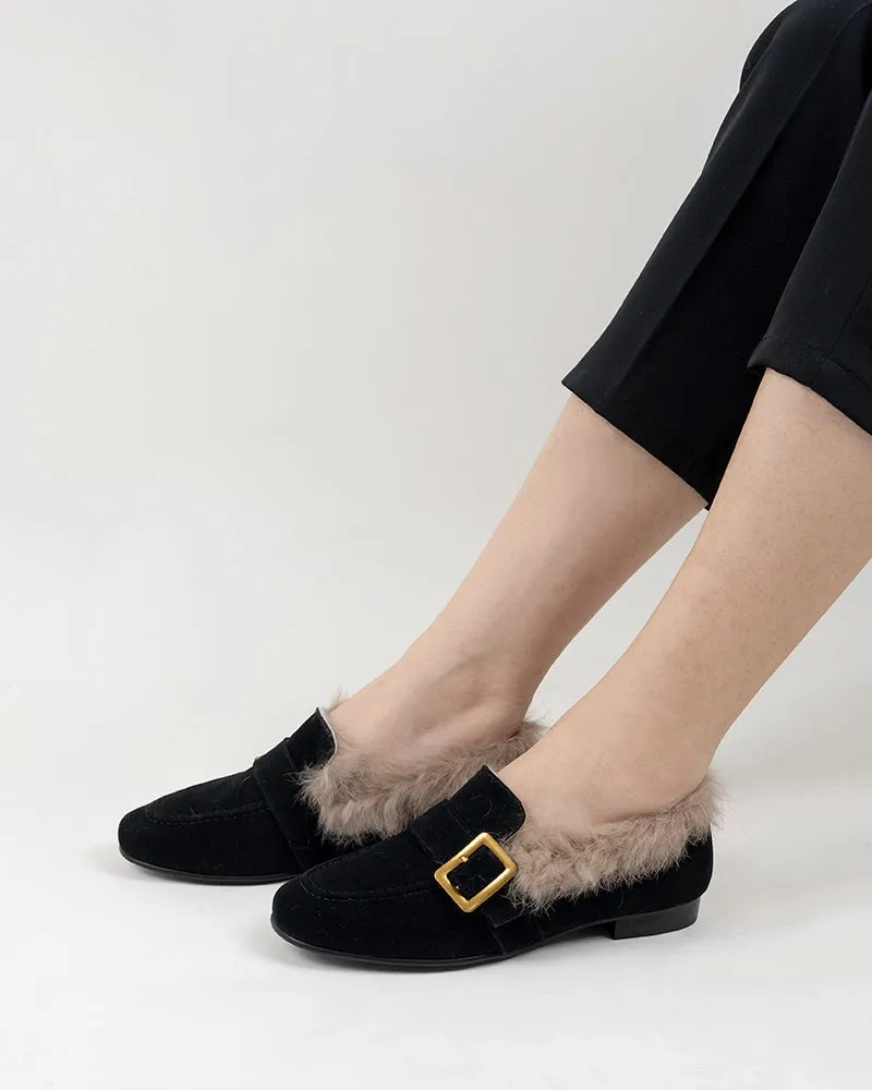 Metal Buckle Comfortable Fur Loafers