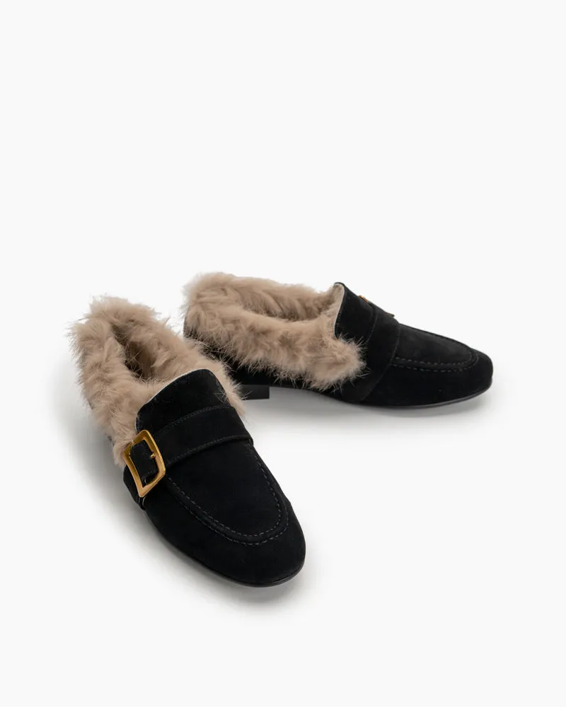 Metal Buckle Comfortable Fur Loafers