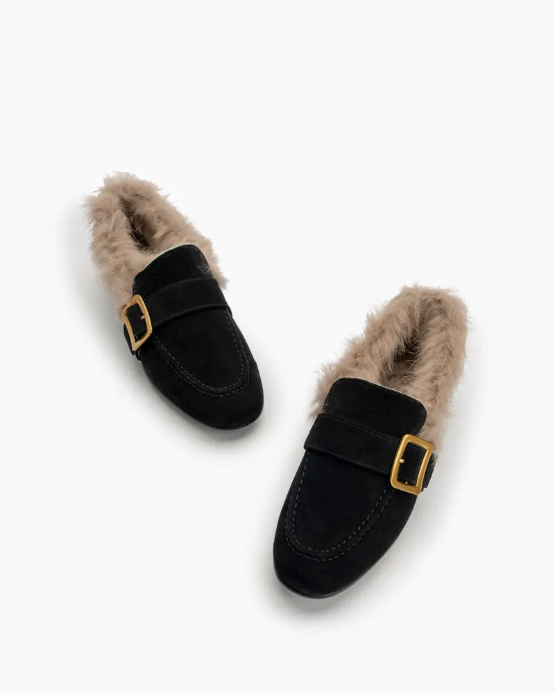 Metal Buckle Comfortable Fur Loafers