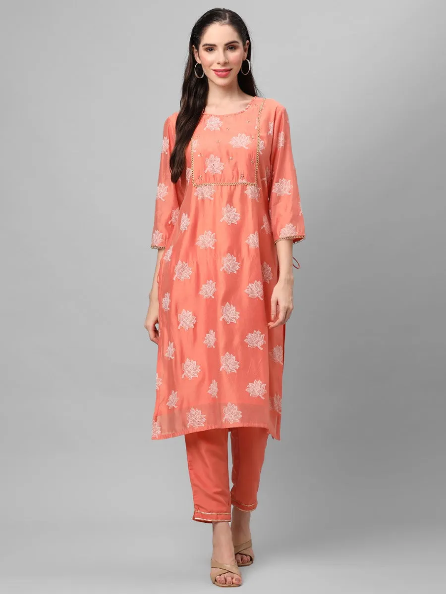 Peach Floral Printed Kurta With Trouser