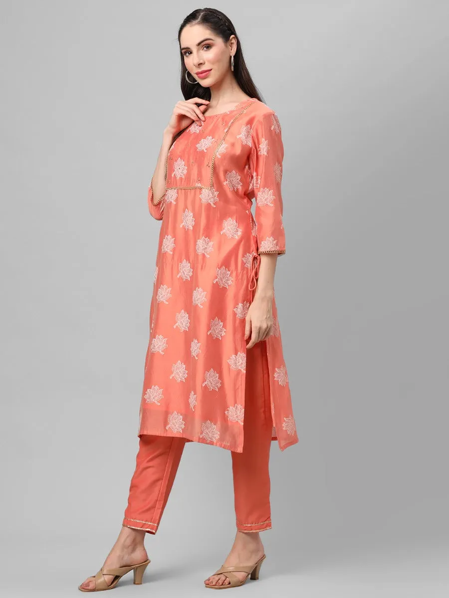 Peach Floral Printed Kurta With Trouser