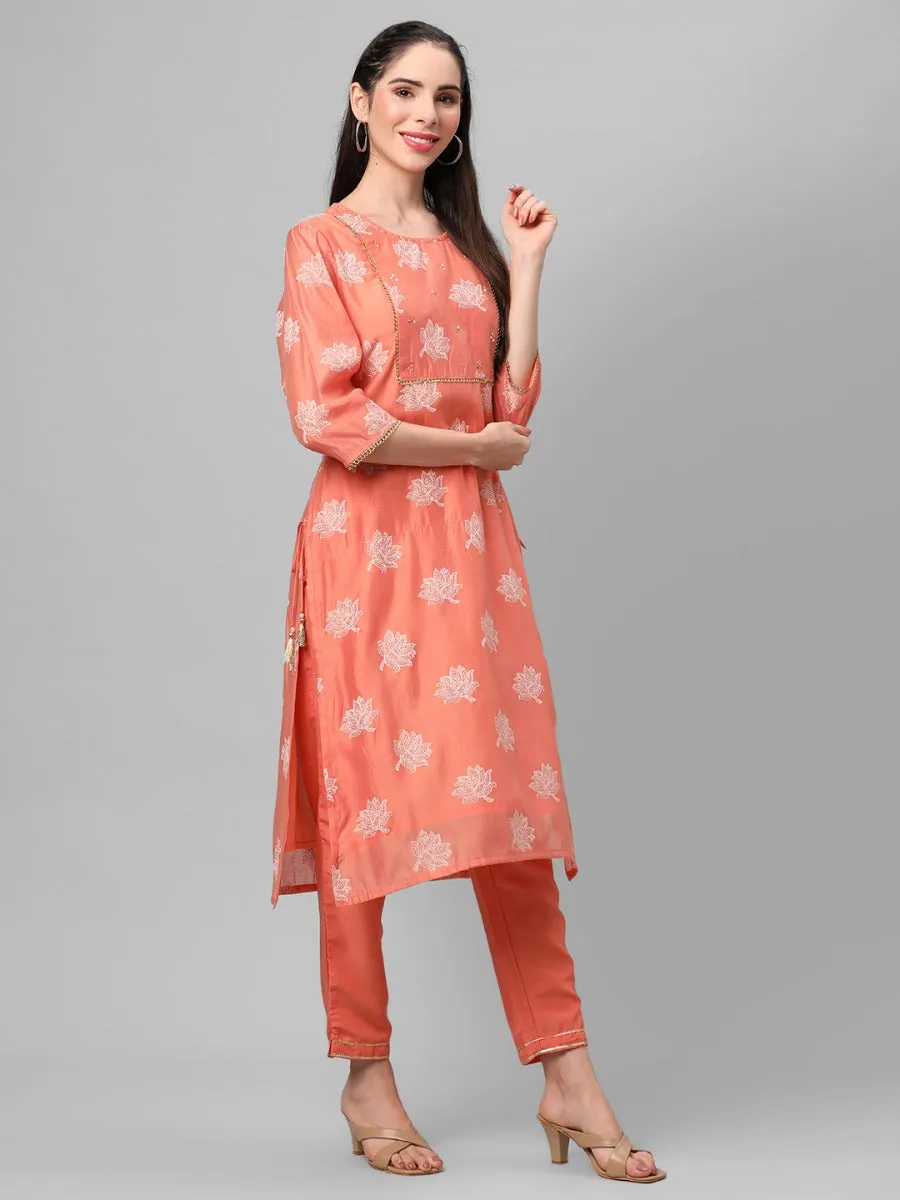 Peach Floral Printed Kurta With Trouser