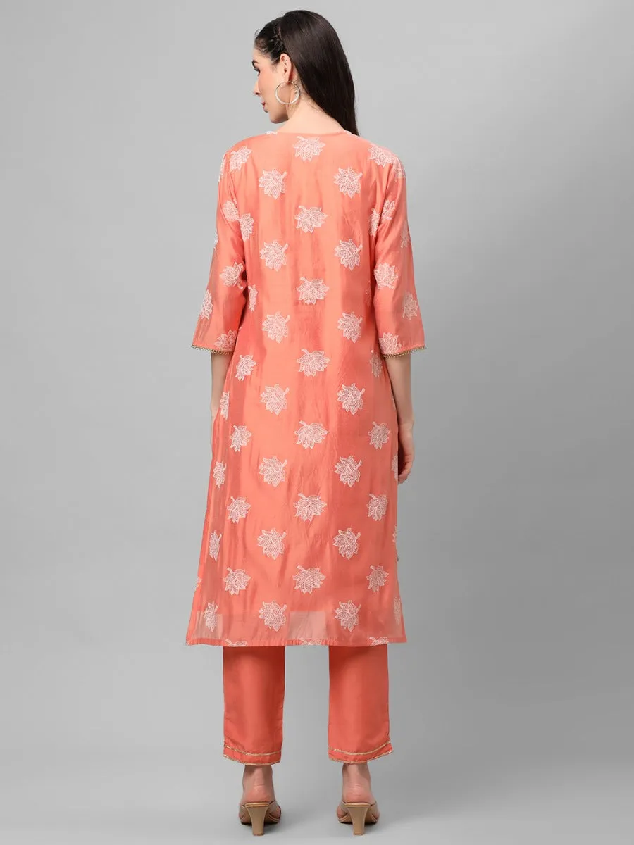 Peach Floral Printed Kurta With Trouser