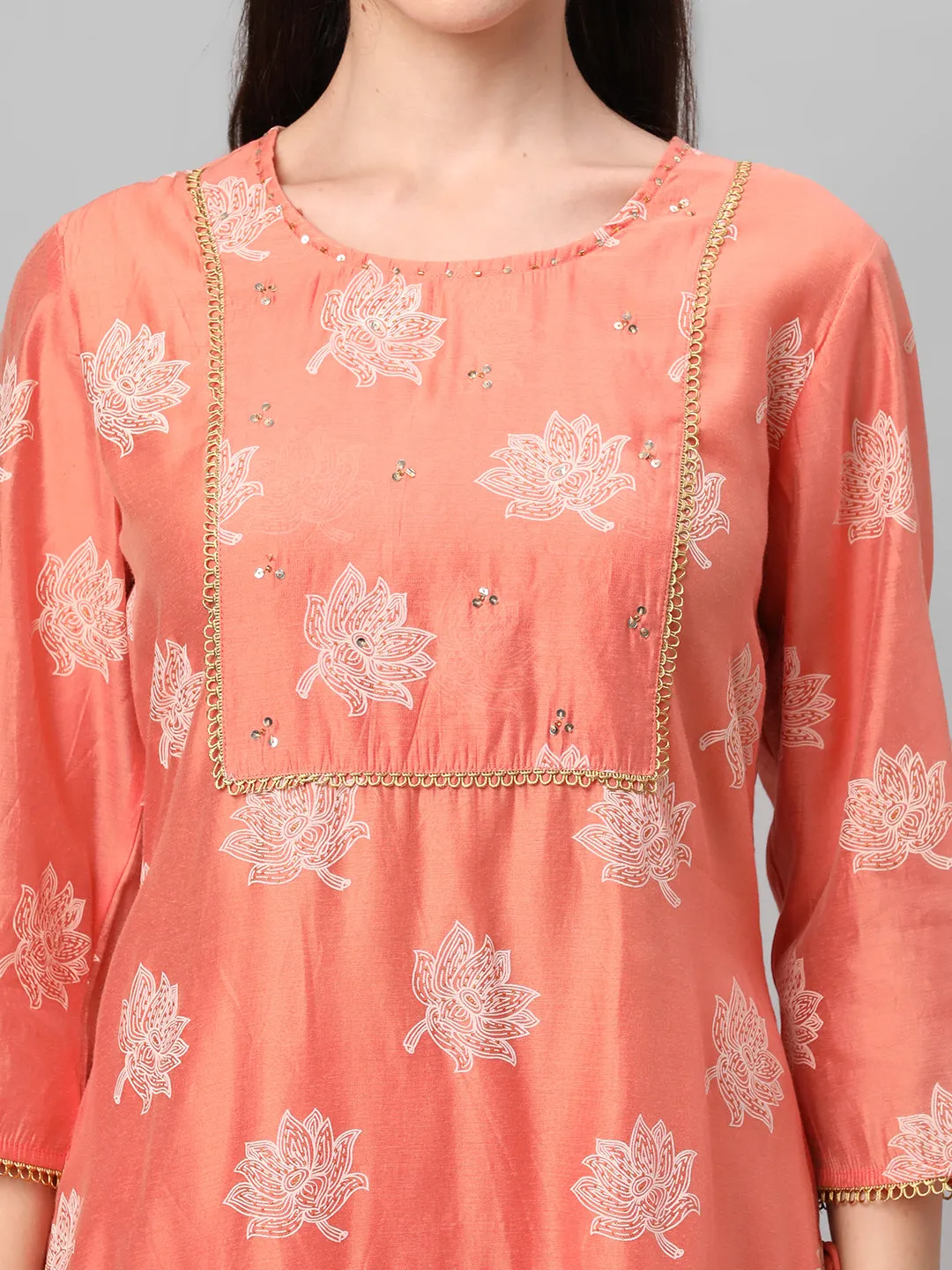 Peach Floral Printed Kurta With Trouser