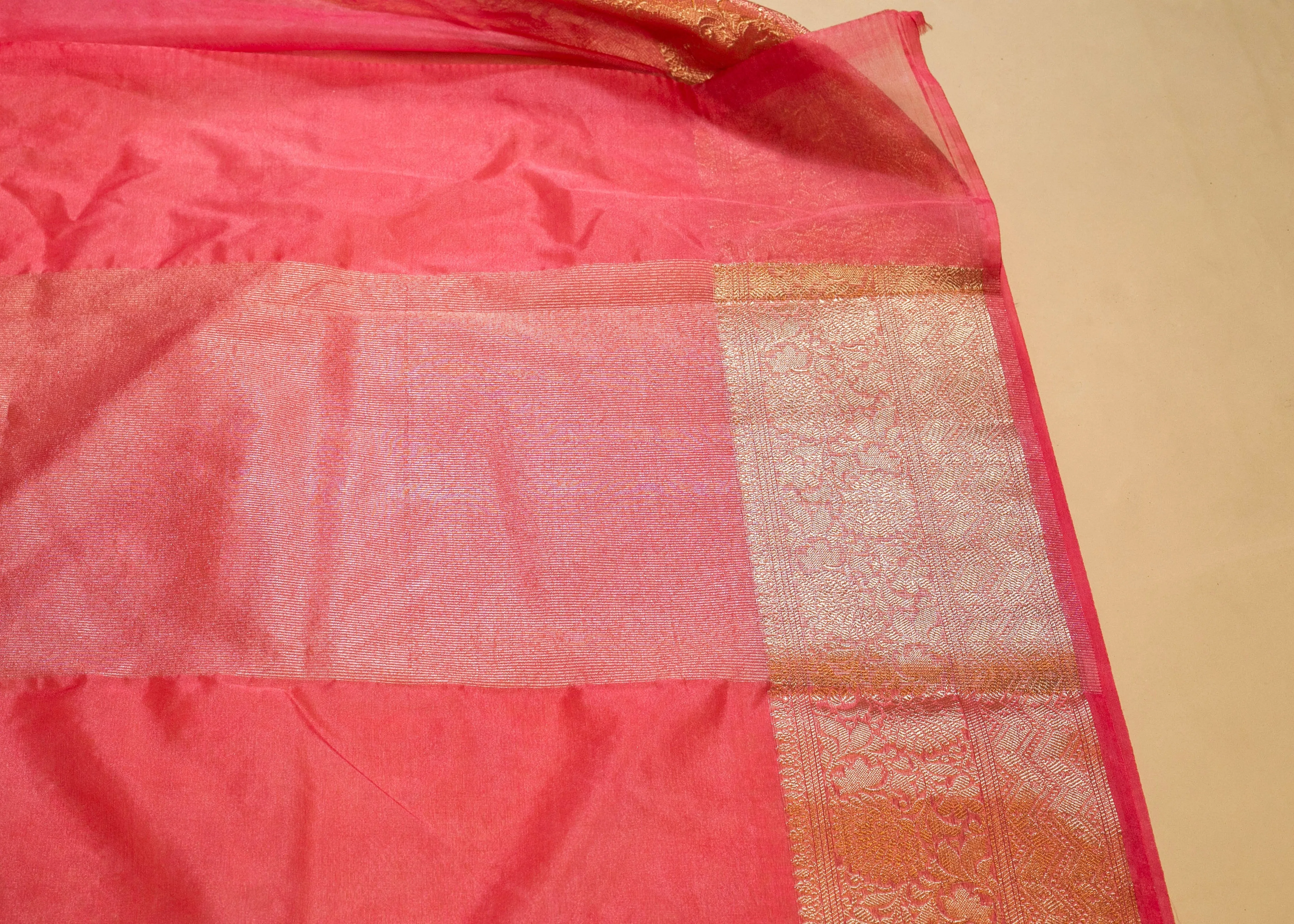 Peach Pink Banarasi Organza Saree with Gold Woven Border