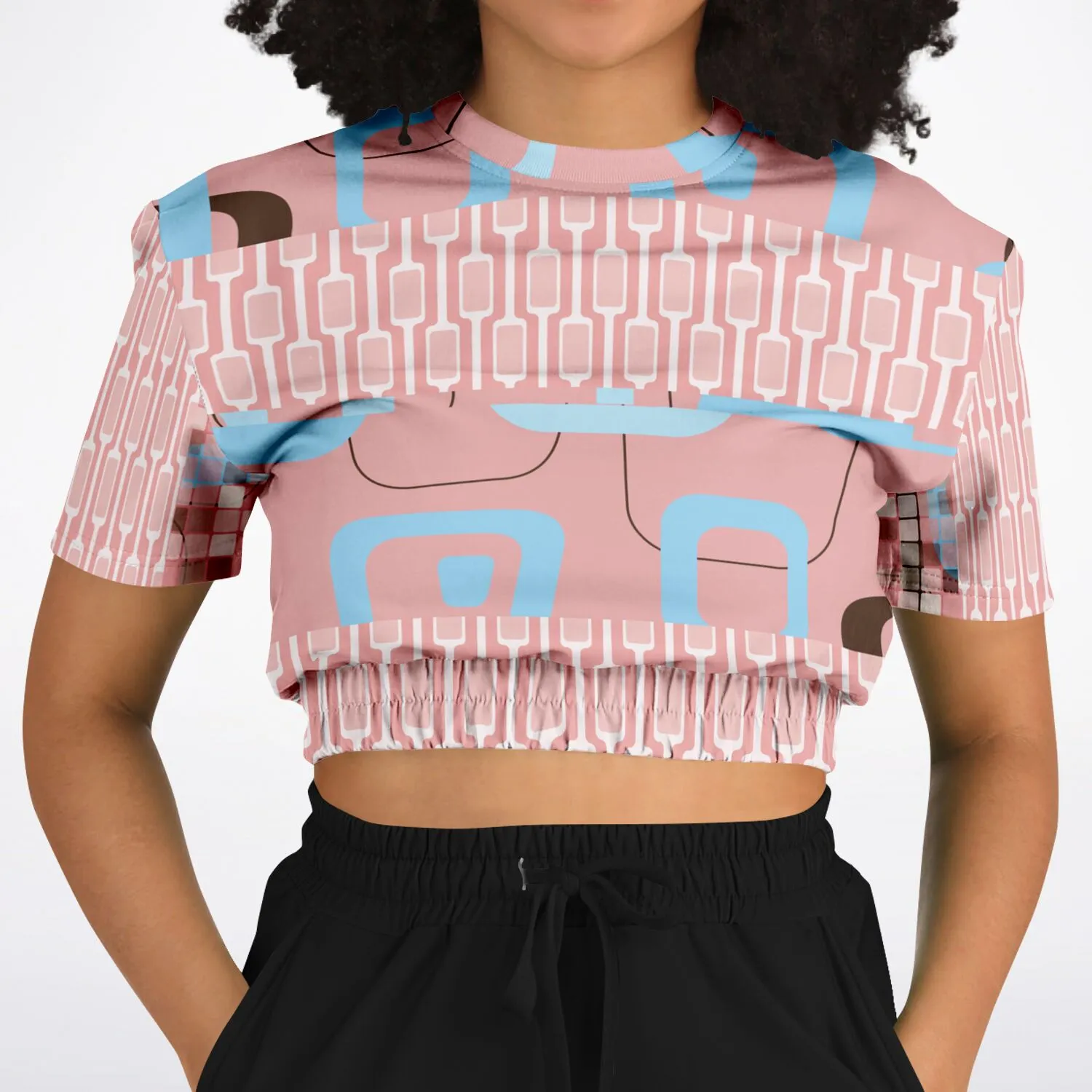 Pink Geo Gallagher Short Sleeve Cropped Eco-Poly Sweater