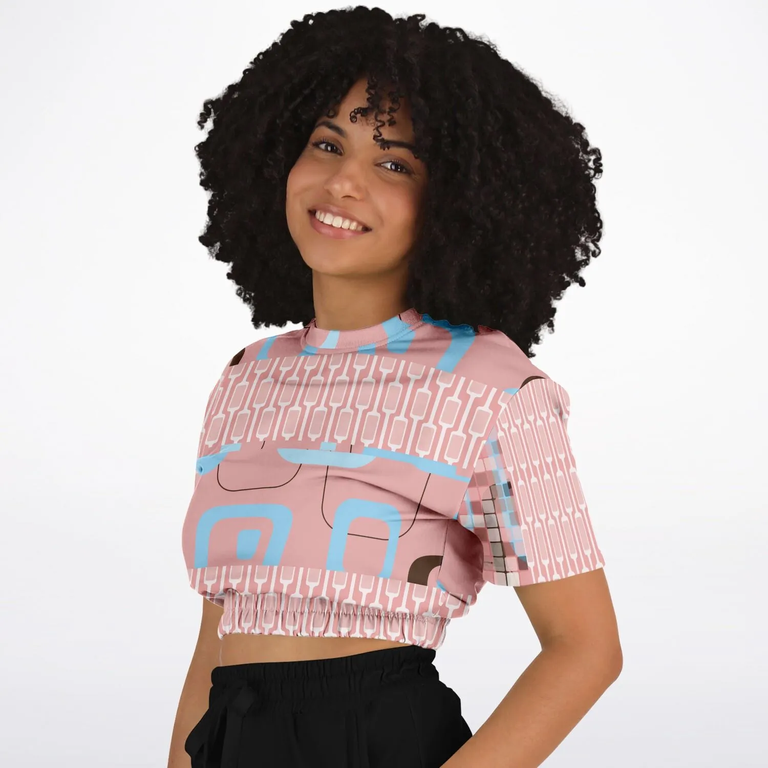 Pink Geo Gallagher Short Sleeve Cropped Eco-Poly Sweater