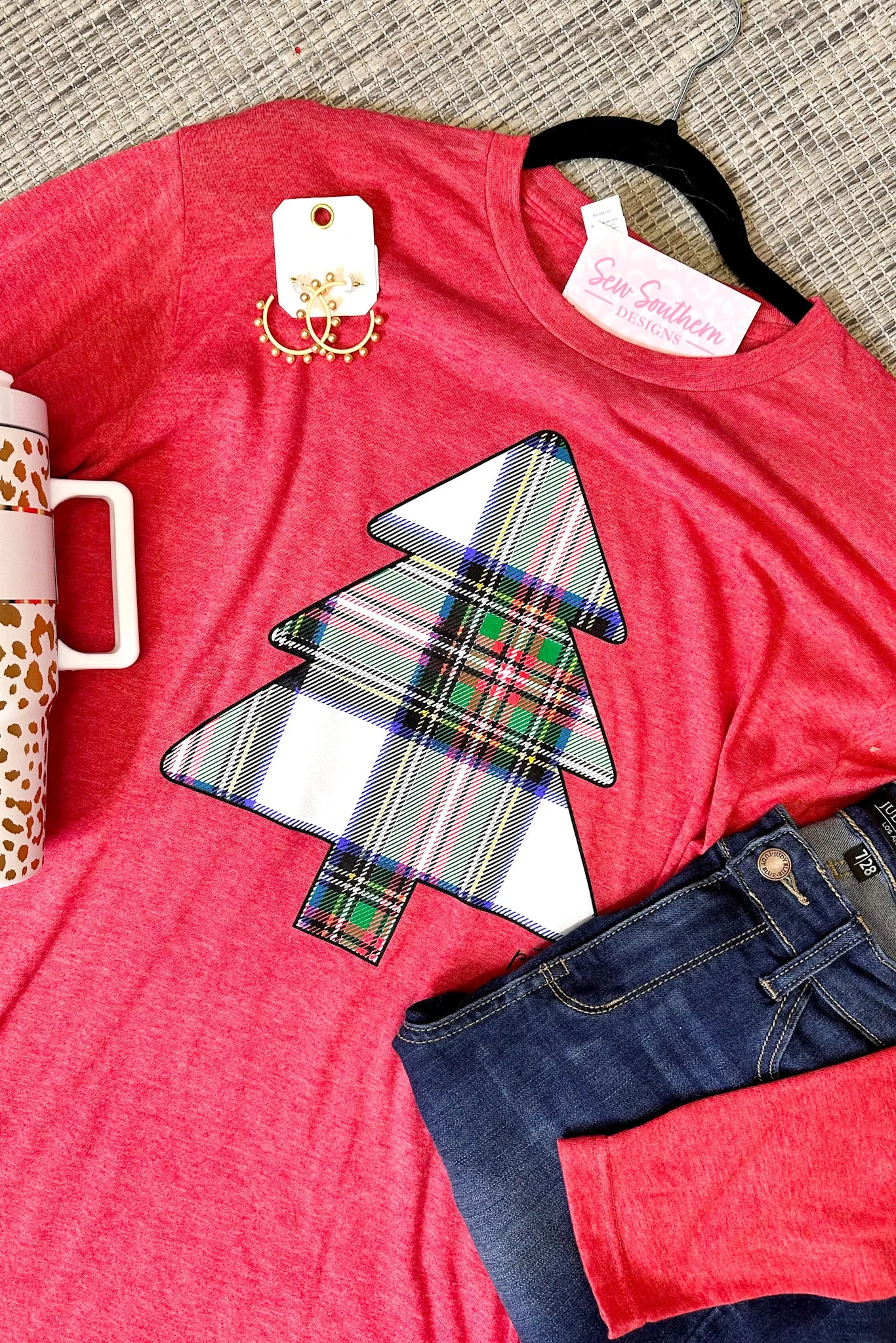 Plaid Tree Long Sleeve Graphic Tee, Red