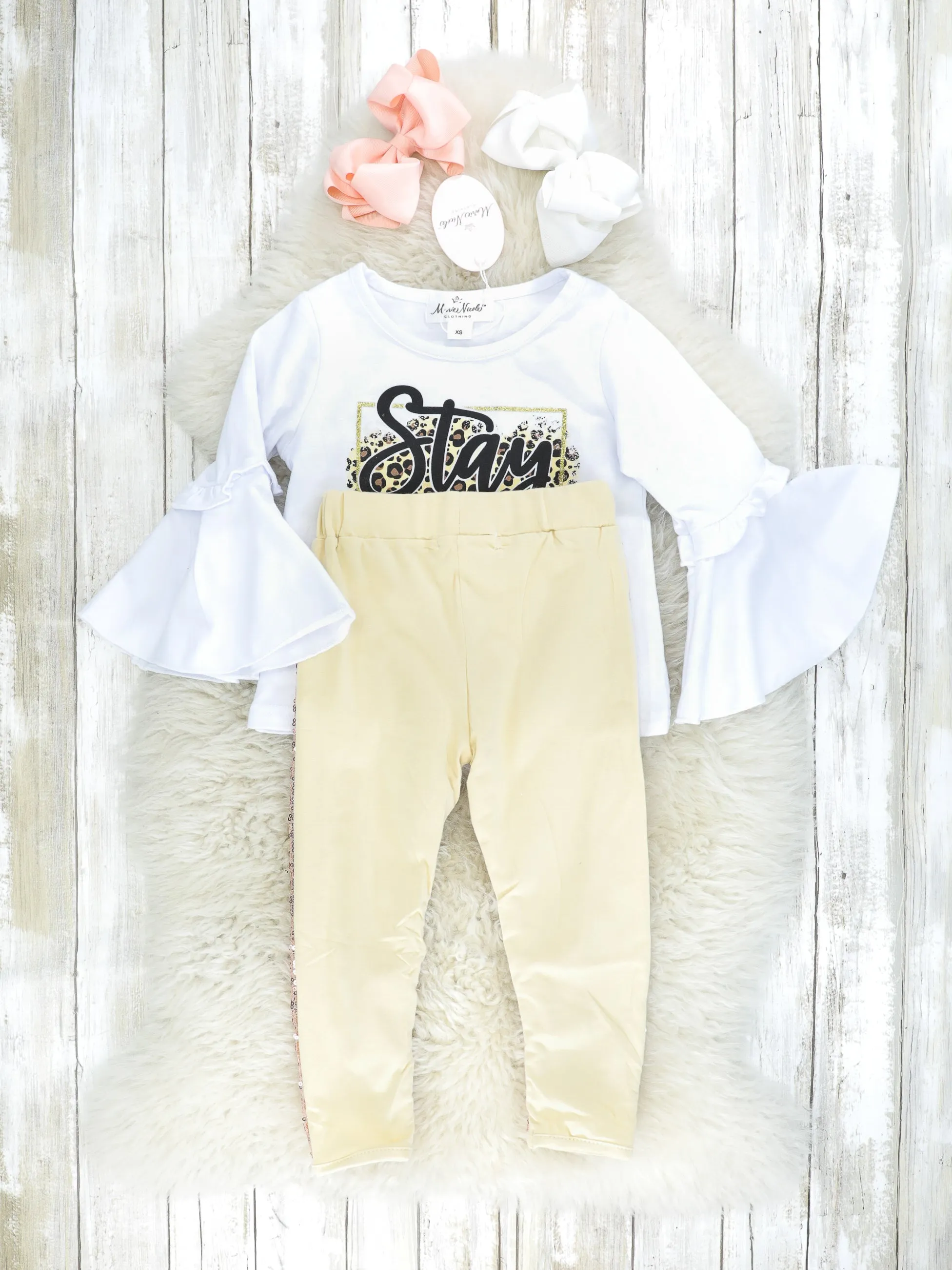 "Stay Wild" Leopard Bell Sleeve Top & Gold Sequin Joggers Outfit