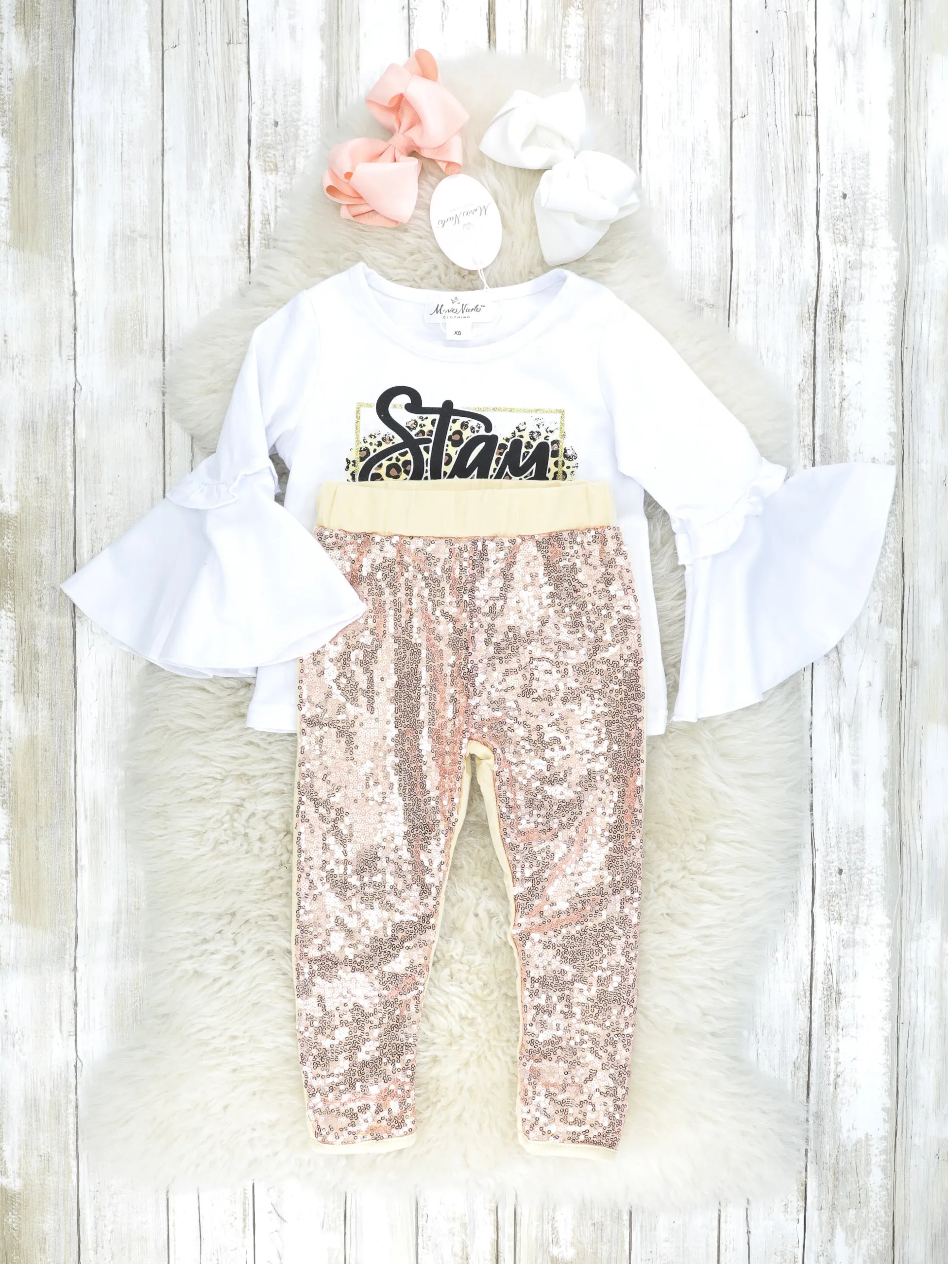 "Stay Wild" Leopard Bell Sleeve Top & Gold Sequin Joggers Outfit