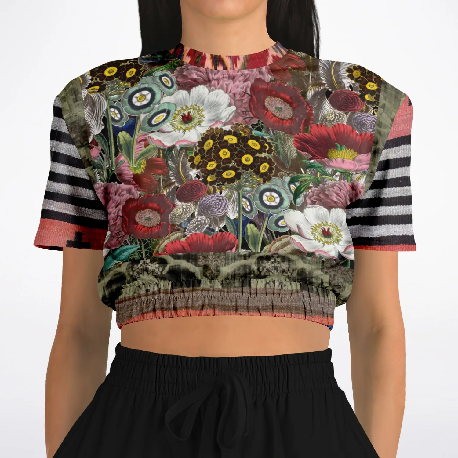 Remembering Woodstock Floral Short Sleeve Cropped Eco-Poly Sweater