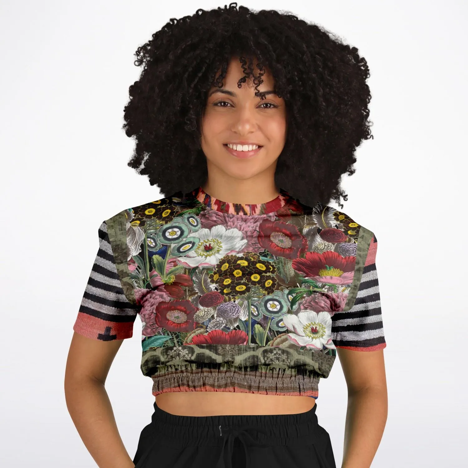 Remembering Woodstock Floral Short Sleeve Cropped Eco-Poly Sweater