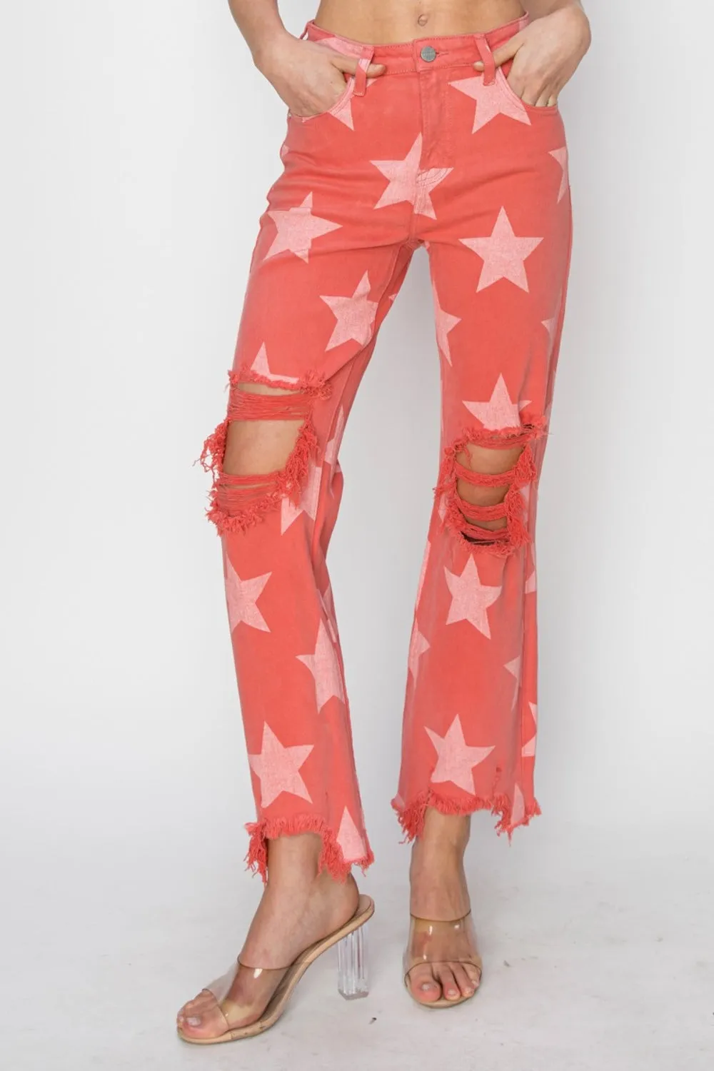 RISEN Plus Size Distressed Raw Hem Star Pattern Jeans