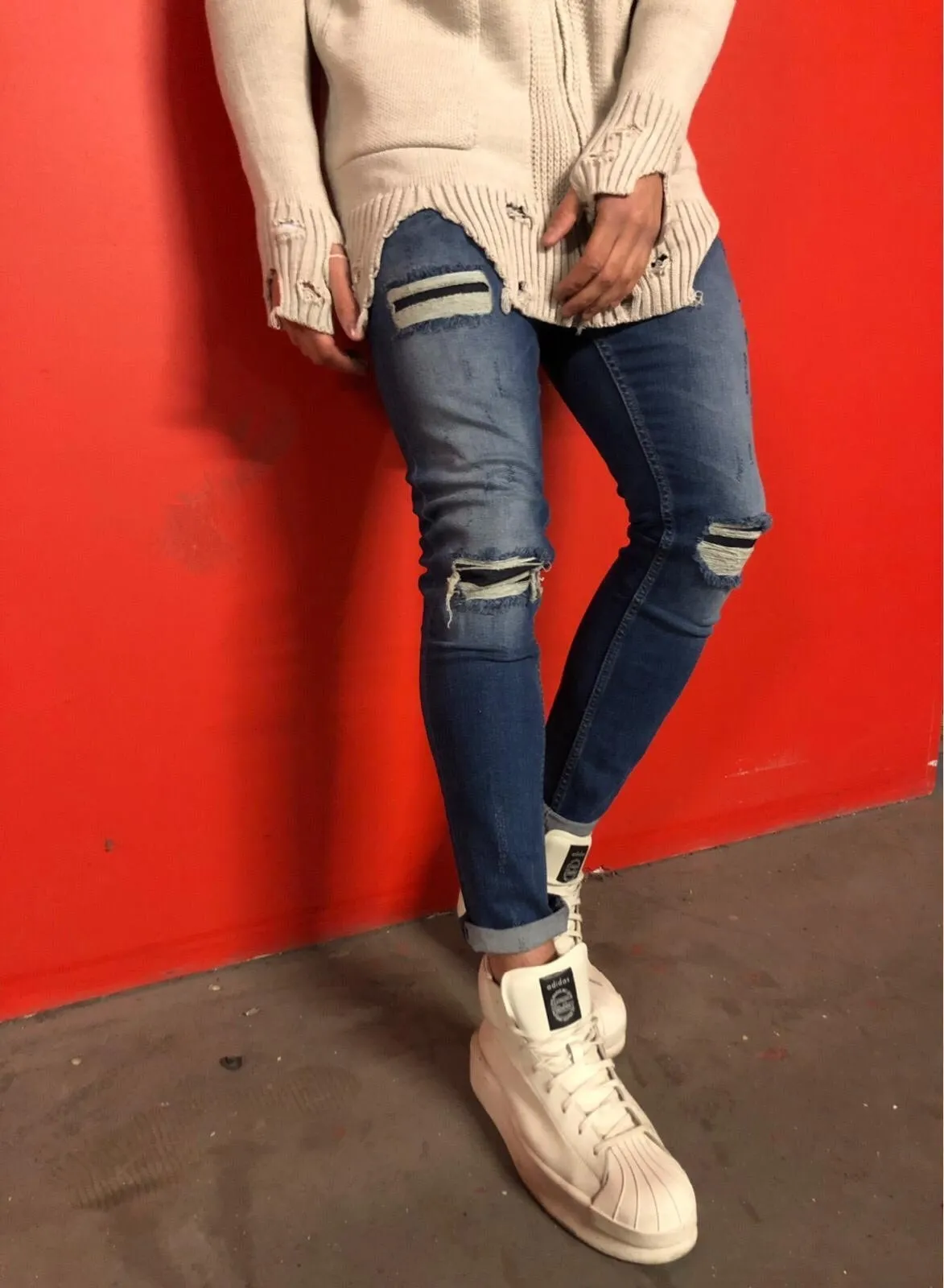 Sneakerjeans - Blue Washed Ripped Skinny Jeans BL493 Streetwear Denim