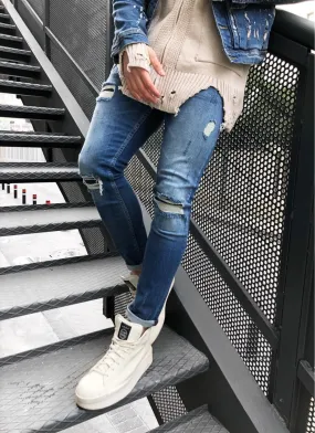 Sneakerjeans - Blue Washed Ripped Skinny Jeans BL493 Streetwear Denim