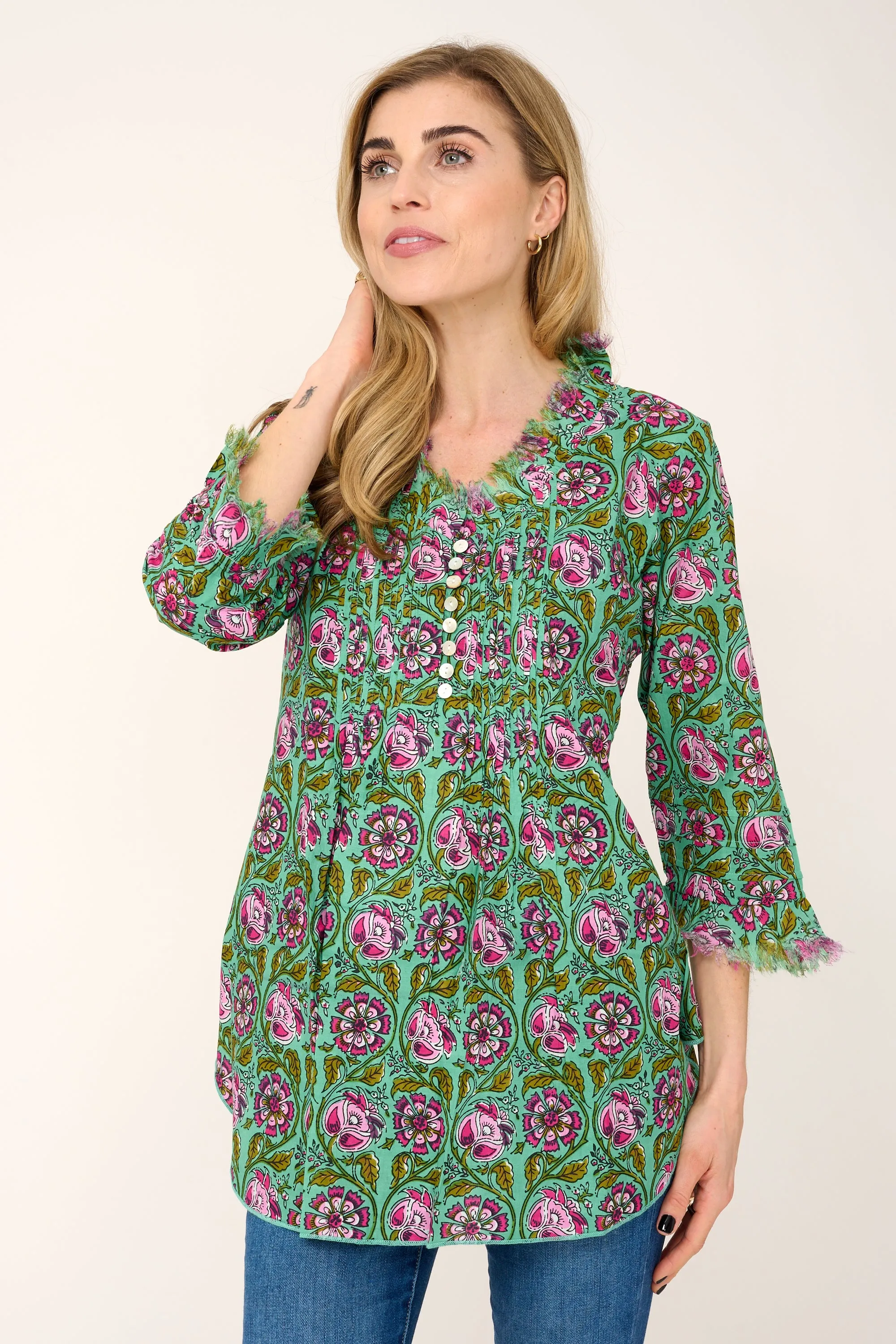 Sophie Cotton Shirt in Green & Pink Flower