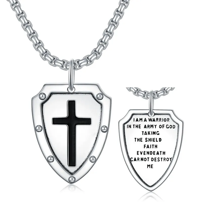 Sterling Silver Knights Templar Necklace Cross Shield Necklace with Stainless Steel Chain Men's Necklace