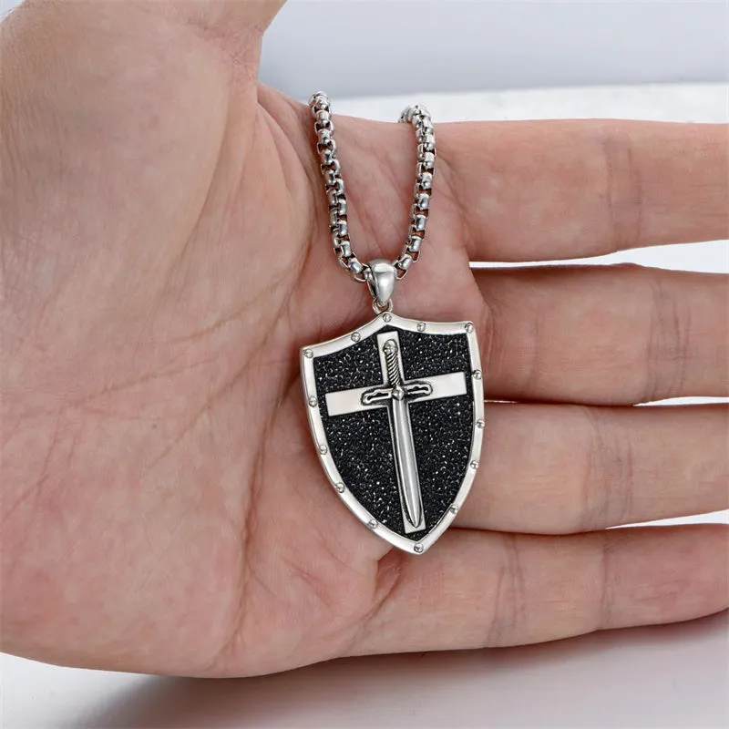 Sterling Silver Knights Templar Necklace Cross Shield Necklace with Stainless Steel Chain Men's Necklace