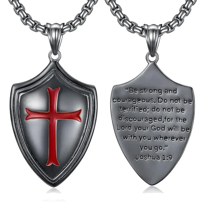 Sterling Silver Knights Templar Necklace Cross Shield Necklace with Stainless Steel Chain Men's Necklace