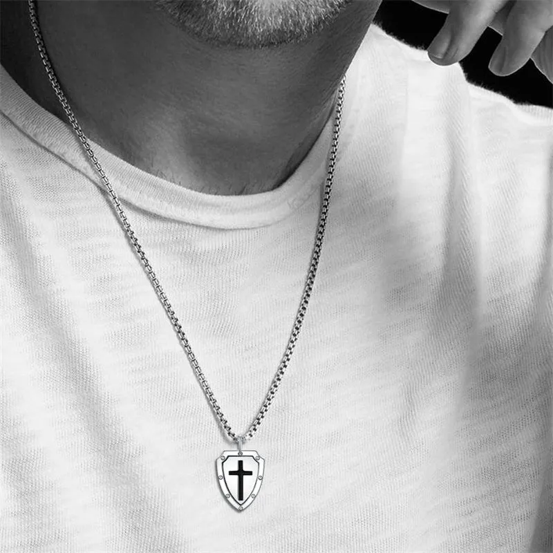 Sterling Silver Knights Templar Necklace Cross Shield Necklace with Stainless Steel Chain Men's Necklace