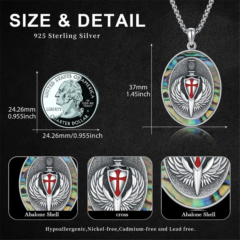 Sterling Silver Knights Templar Necklace Cross Shield Necklace with Stainless Steel Chain Men's Necklace