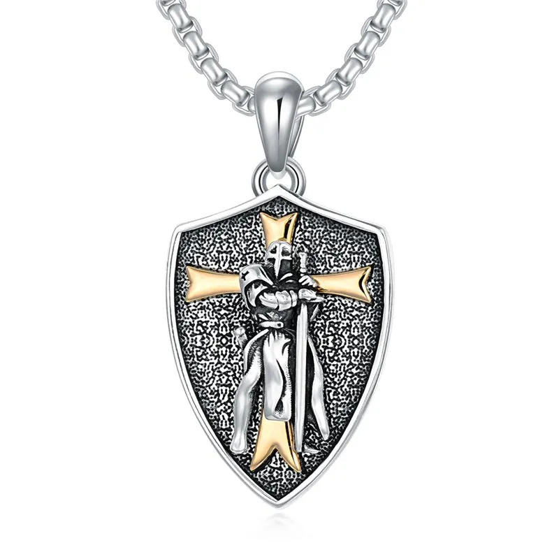 Sterling Silver Knights Templar Necklace Cross Shield Necklace with Stainless Steel Chain Men's Necklace