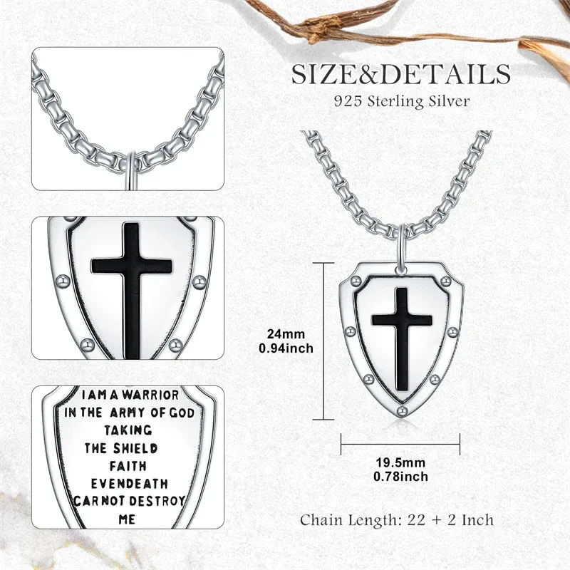 Sterling Silver Knights Templar Necklace Cross Shield Necklace with Stainless Steel Chain Men's Necklace