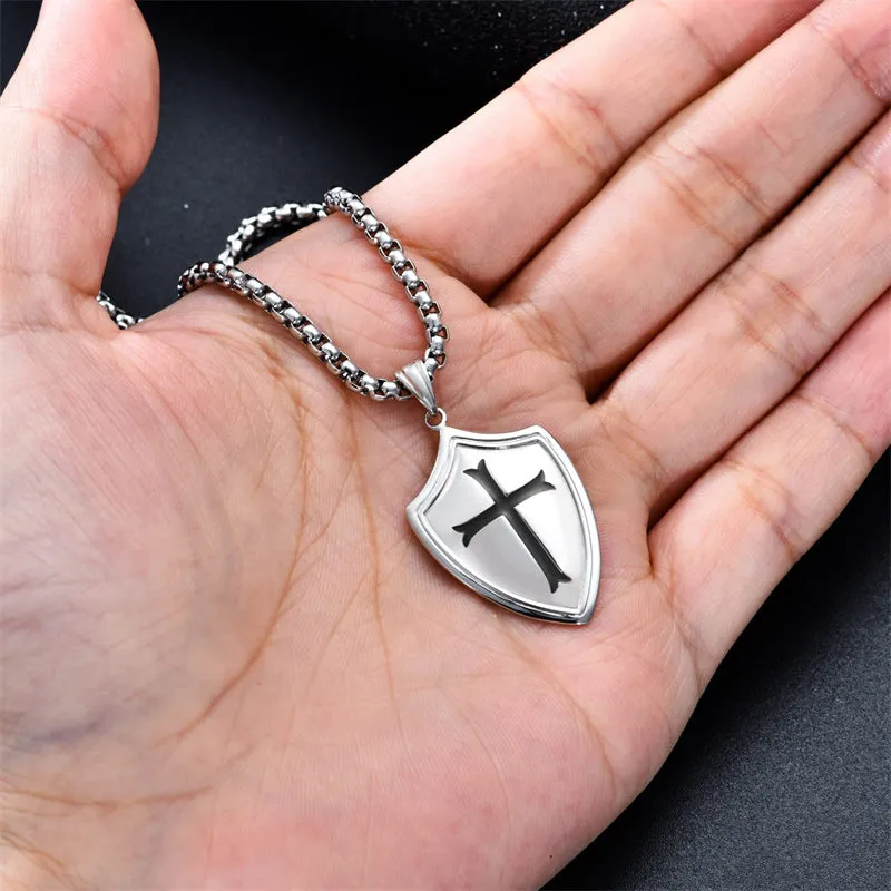 Sterling Silver Knights Templar Necklace Cross Shield Necklace with Stainless Steel Chain Men's Necklace