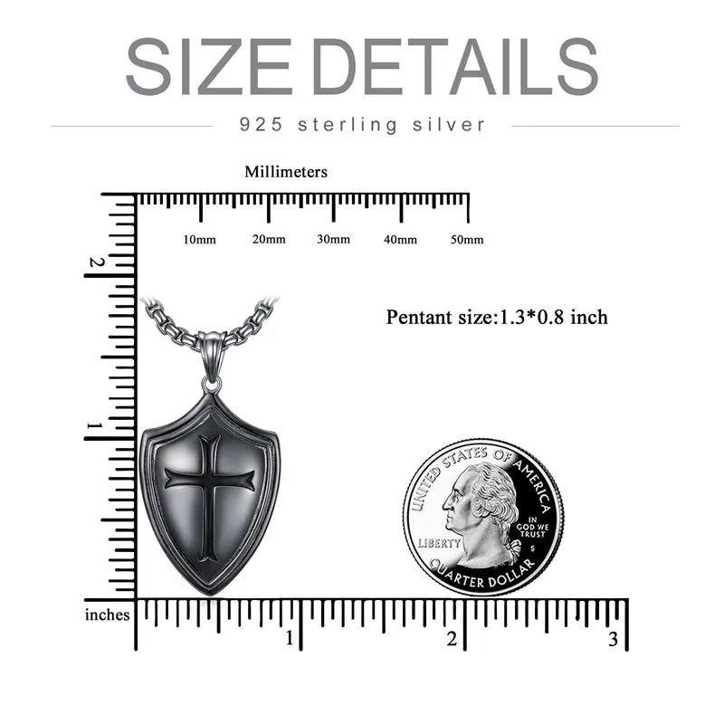 Sterling Silver Knights Templar Necklace Cross Shield Necklace with Stainless Steel Chain Men's Necklace