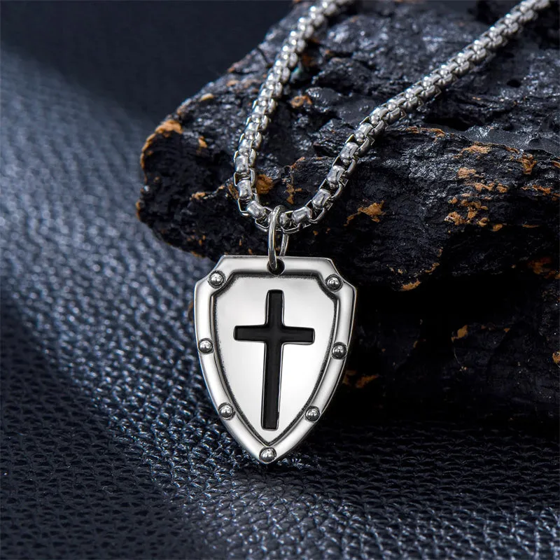 Sterling Silver Knights Templar Necklace Cross Shield Necklace with Stainless Steel Chain Men's Necklace