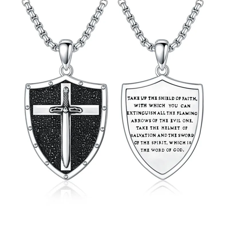 Sterling Silver Knights Templar Necklace Cross Shield Necklace with Stainless Steel Chain Men's Necklace