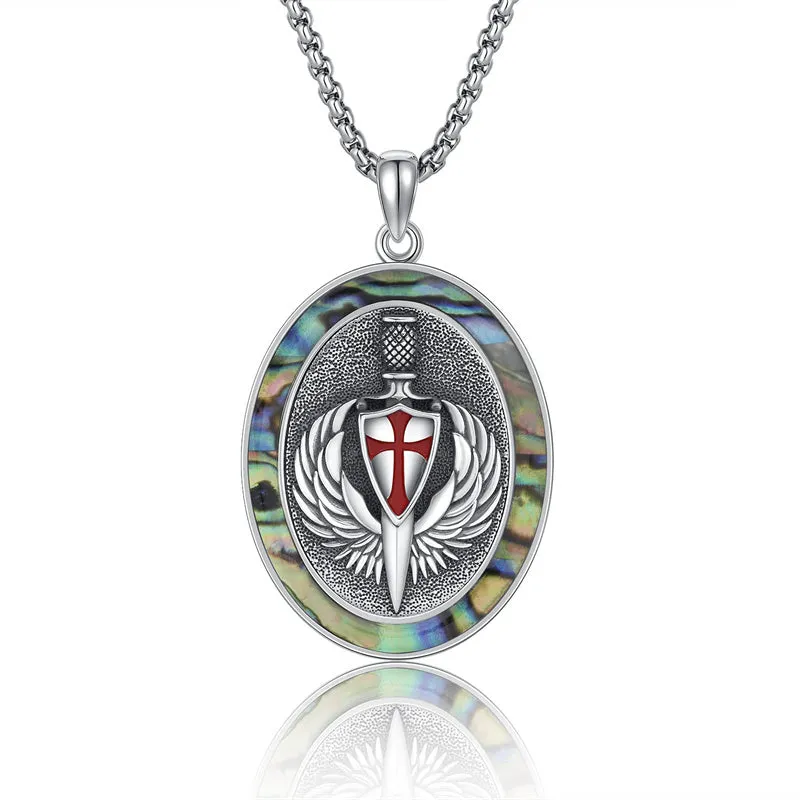 Sterling Silver Knights Templar Necklace Cross Shield Necklace with Stainless Steel Chain Men's Necklace