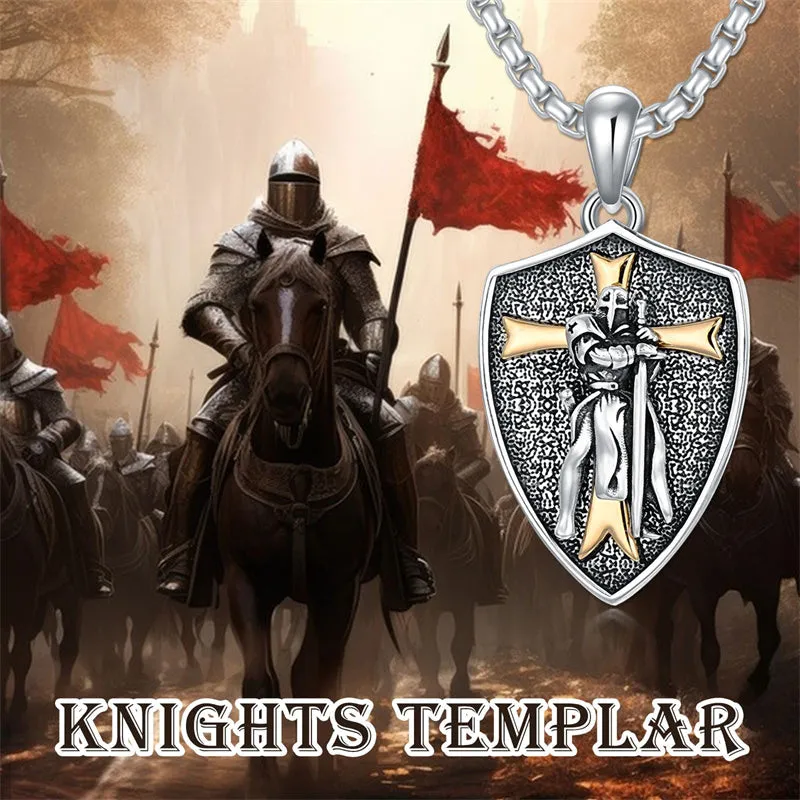 Sterling Silver Knights Templar Necklace Cross Shield Necklace with Stainless Steel Chain Men's Necklace