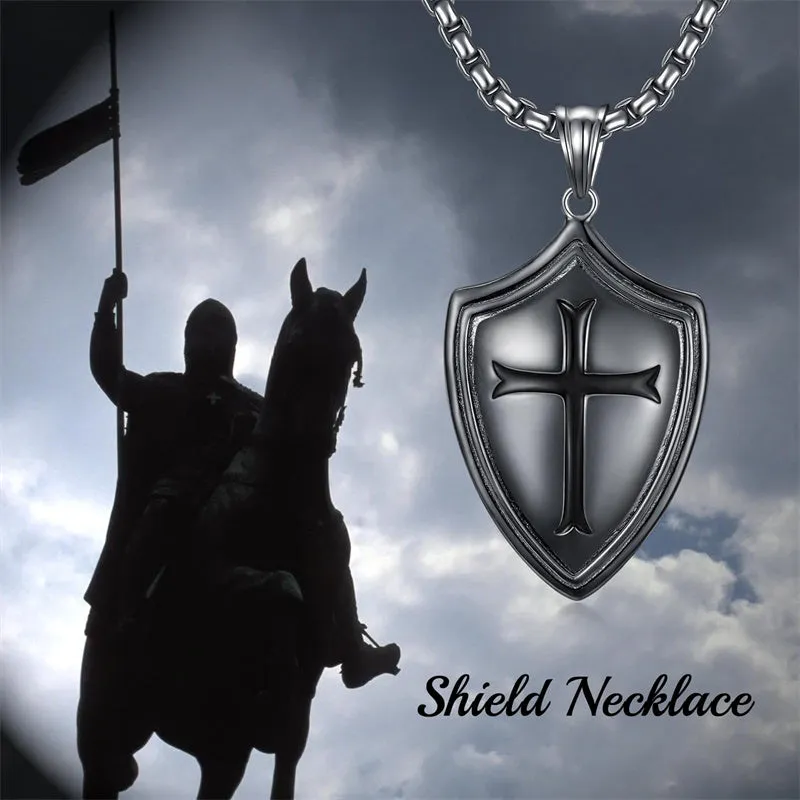 Sterling Silver Knights Templar Necklace Cross Shield Necklace with Stainless Steel Chain Men's Necklace