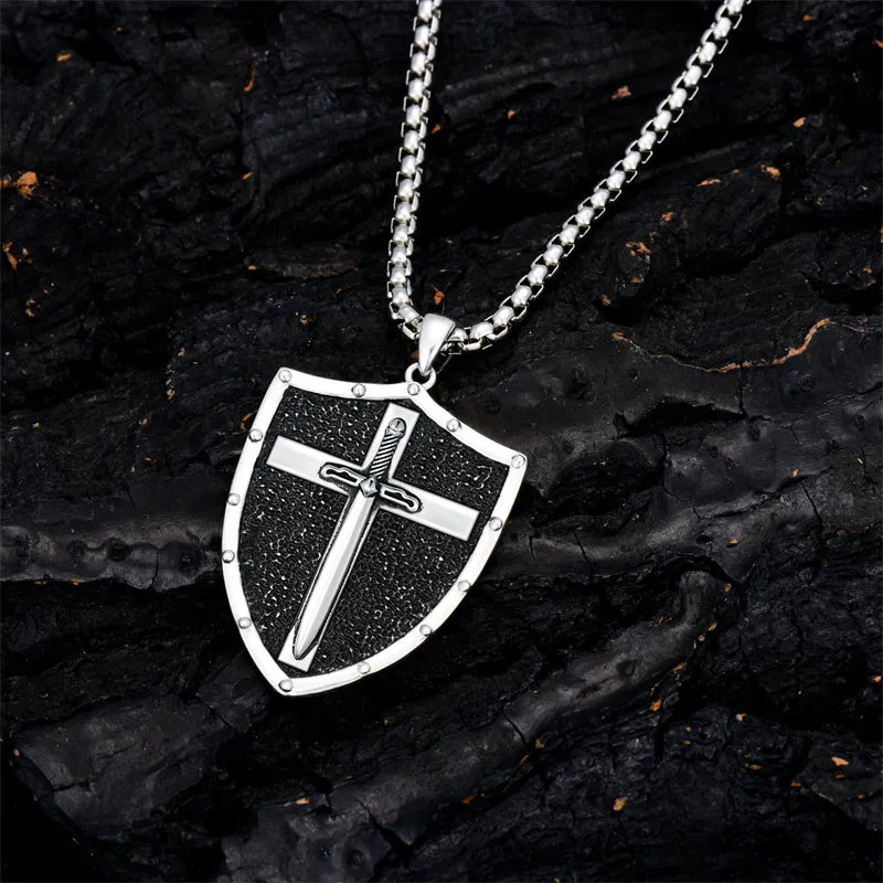 Sterling Silver Knights Templar Necklace Cross Shield Necklace with Stainless Steel Chain Men's Necklace