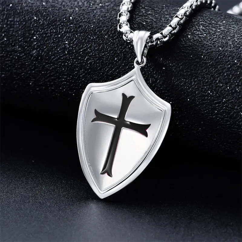 Sterling Silver Knights Templar Necklace Cross Shield Necklace with Stainless Steel Chain Men's Necklace