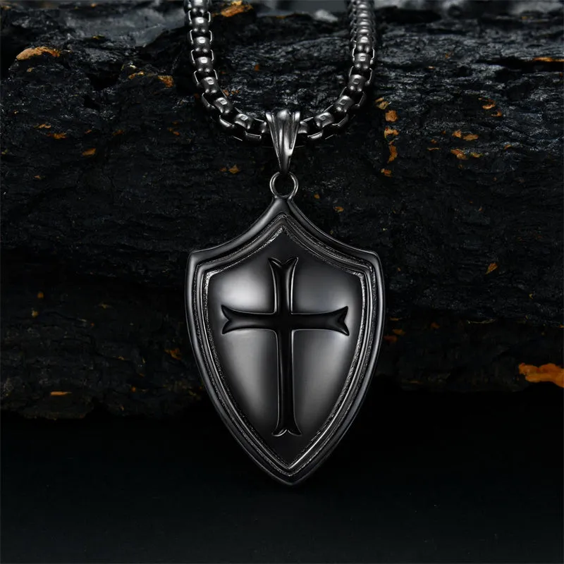 Sterling Silver Knights Templar Necklace Cross Shield Necklace with Stainless Steel Chain Men's Necklace