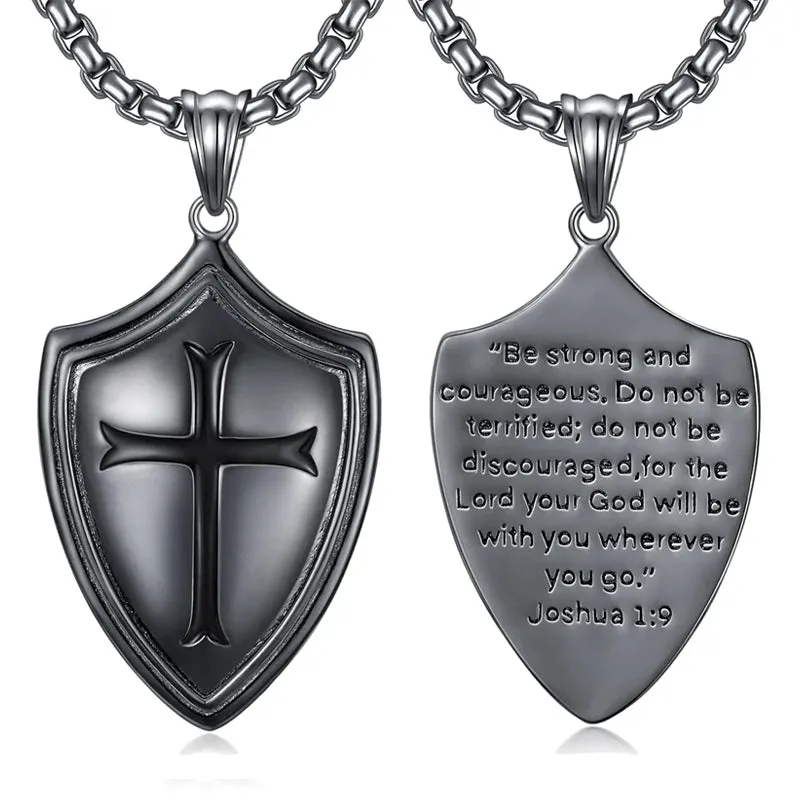 Sterling Silver Knights Templar Necklace Cross Shield Necklace with Stainless Steel Chain Men's Necklace