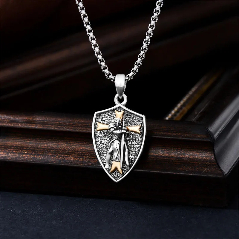 Sterling Silver Knights Templar Necklace Cross Shield Necklace with Stainless Steel Chain Men's Necklace