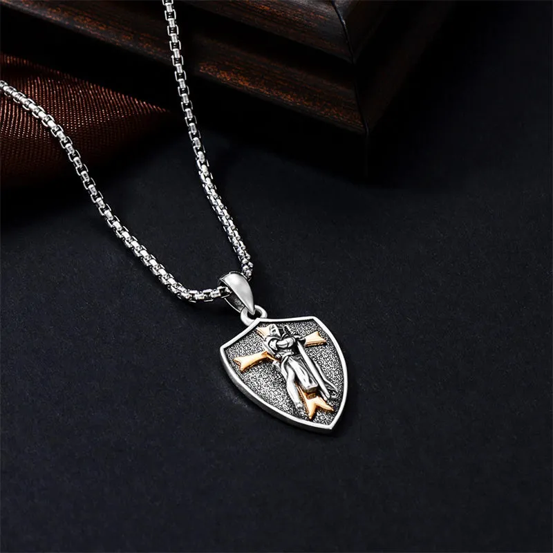 Sterling Silver Knights Templar Necklace Cross Shield Necklace with Stainless Steel Chain Men's Necklace