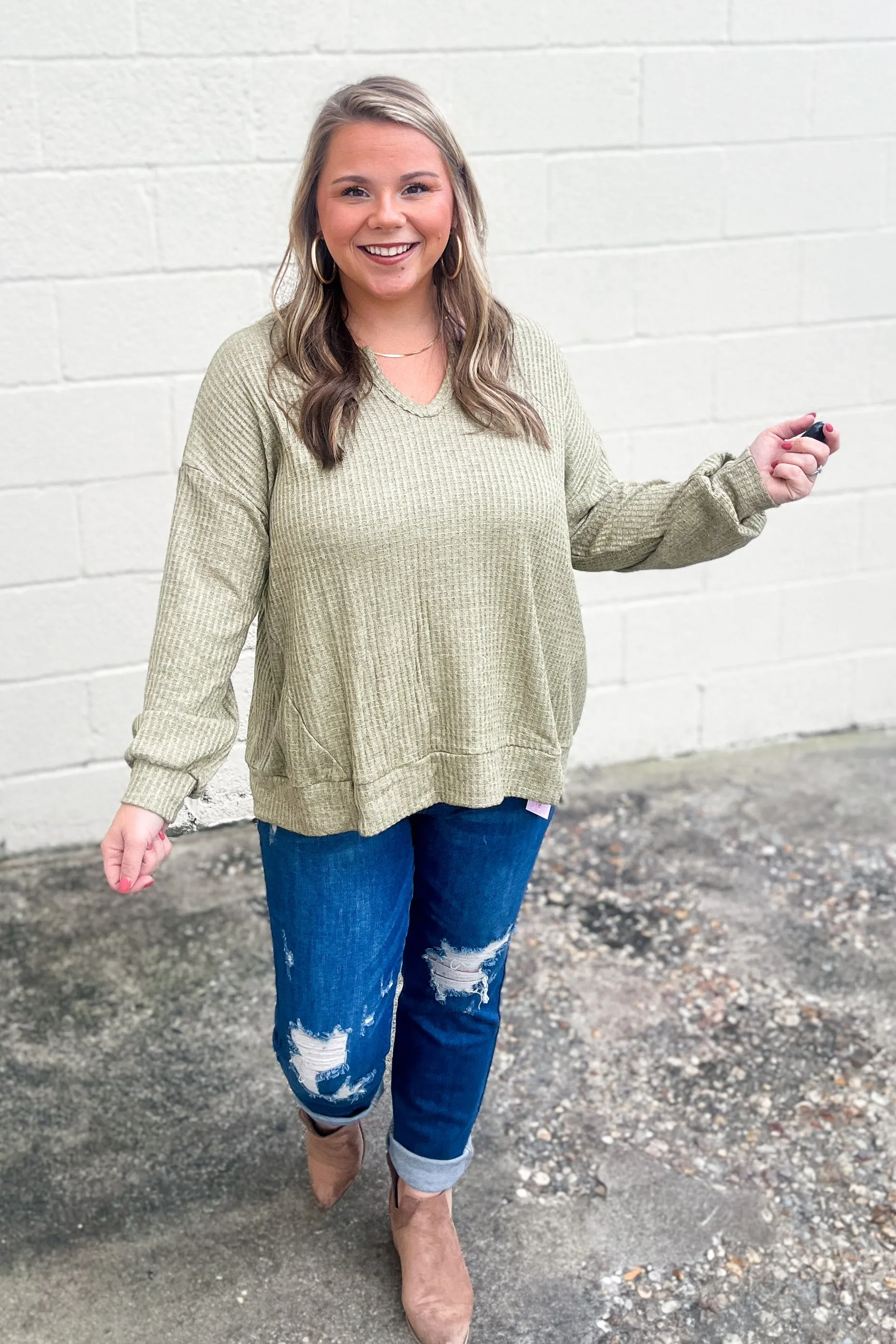 Try That Waffle Knit Top, Olive