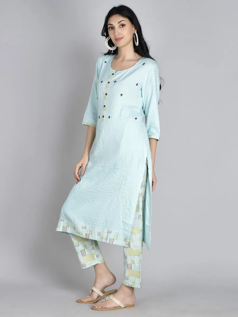 Women Aqua Blue Solid Kurta Trouser