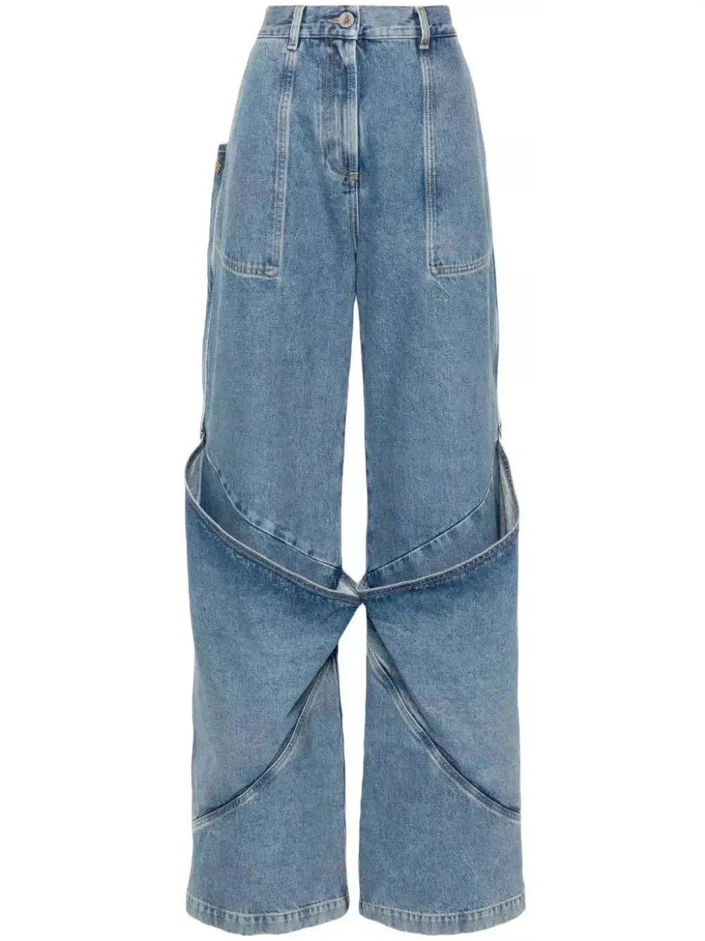 Women’s Draped Knee Washed Denim Wide-Leg Jeans