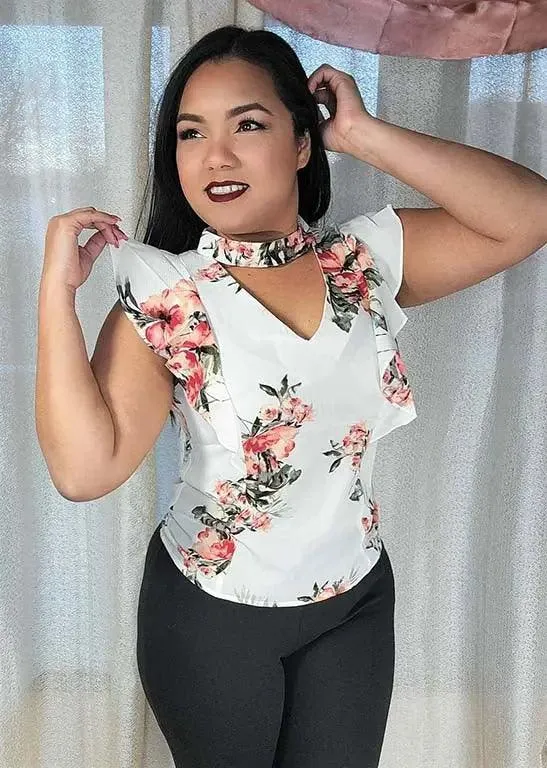 Women's Floral Chocker Blouse With Ruffle