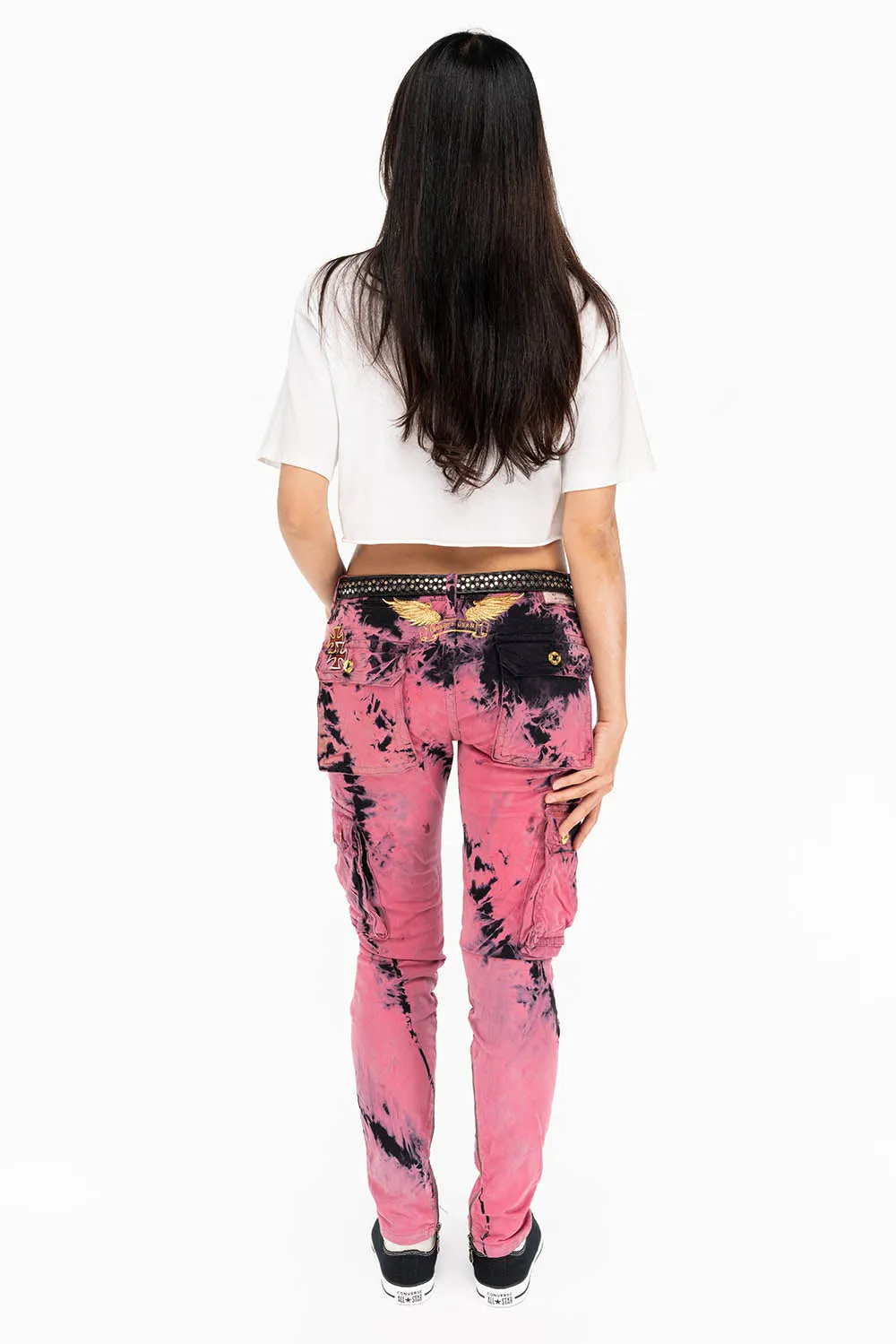 ZIPPER-MILITARY STYLE WOMENS CARGO PANTS IN TIE DYE PINK