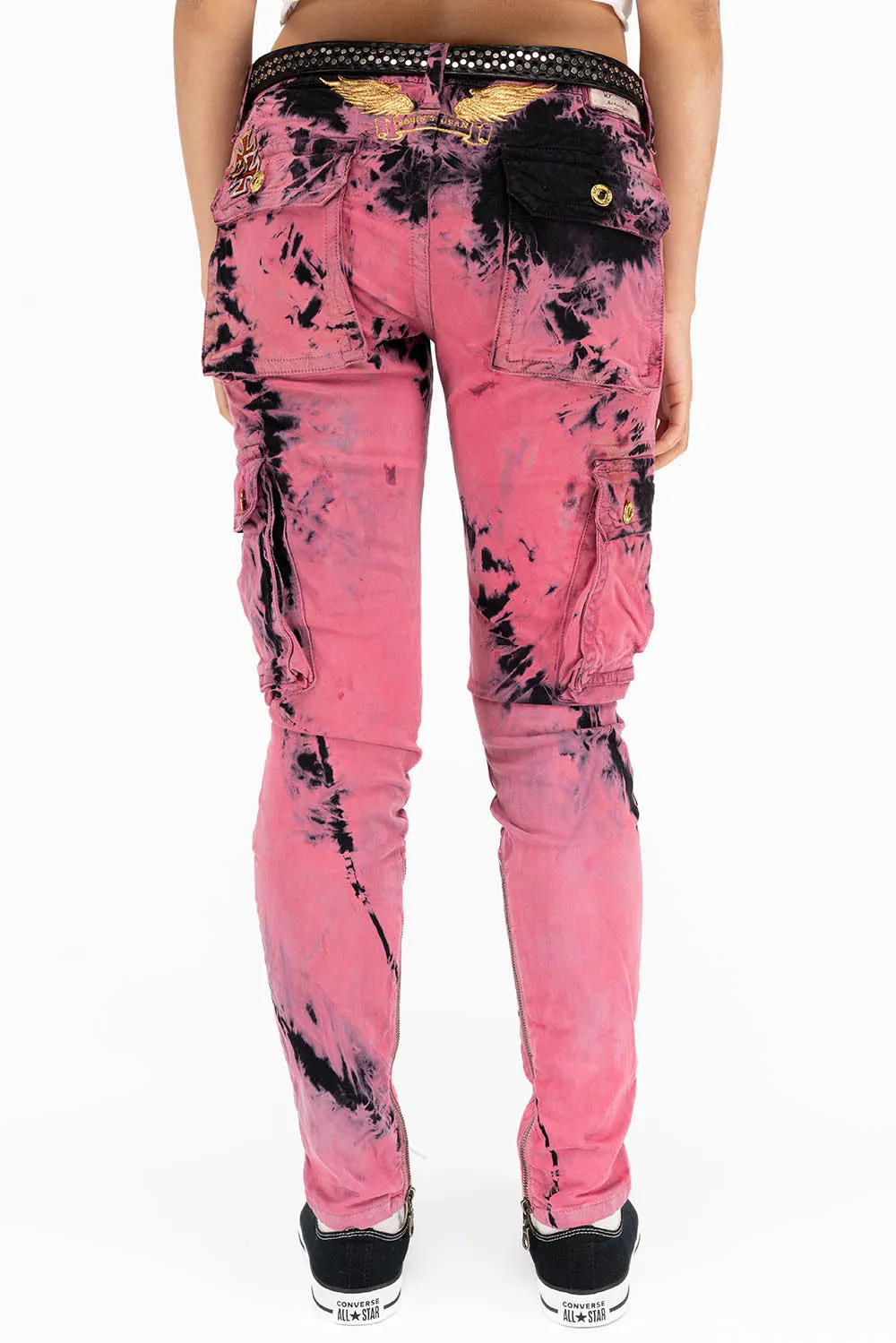 ZIPPER-MILITARY STYLE WOMENS CARGO PANTS IN TIE DYE PINK